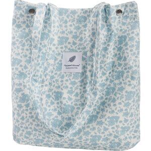 Women Blue Flower Imported Corduroy Small Canvas Shoulder Handy Tote Bag